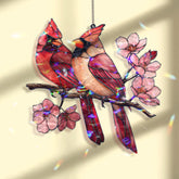 Cardinal Pair Acrylic Suncatcher, Red Birds on Cherry Blossom Branch, Acrylic Stained Glass Style Window Hanging, Nature Decor Gift